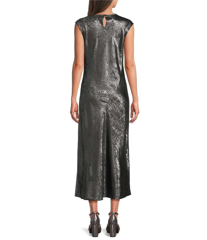 Gibson & Latimer Woven Metallic Crew Neck Cap Sleeve Sheath Maxi A-Line Dress