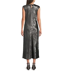 Gibson & Latimer Woven Metallic Crew Neck Cap Sleeve Sheath Maxi A-Line Dress