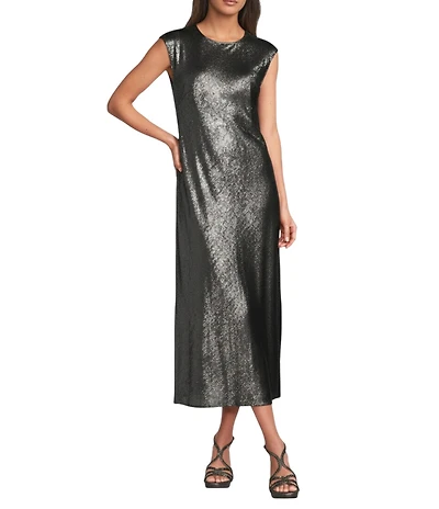 Gibson & Latimer Woven Metallic Crew Neck Cap Sleeve Sheath Maxi A-Line Dress