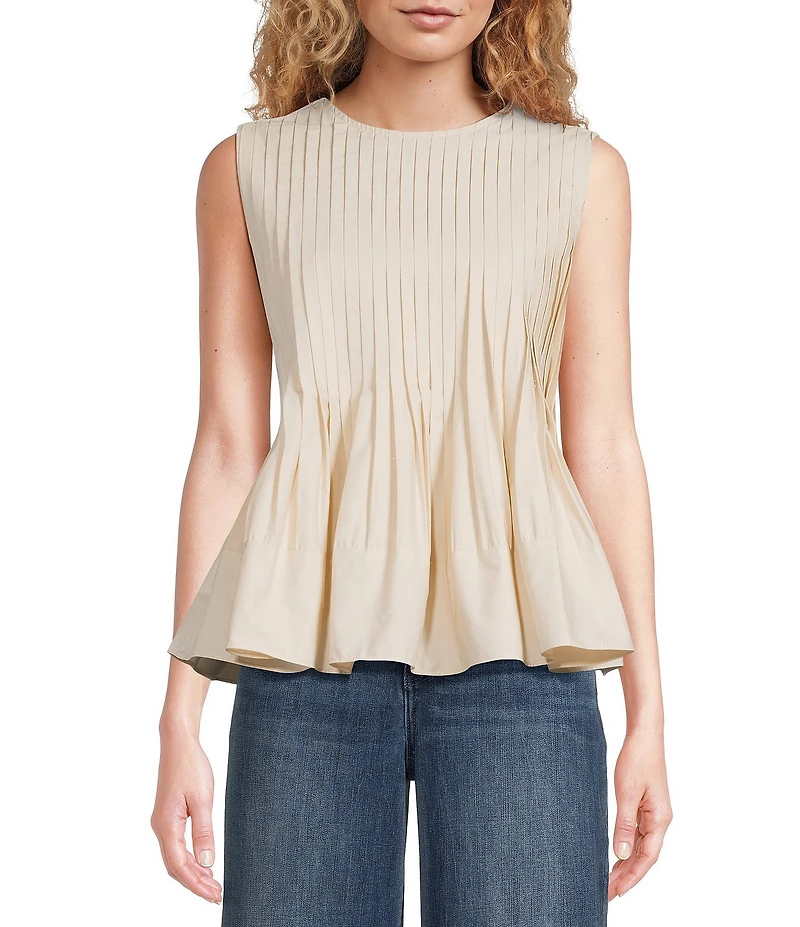Gibson & Latimer Woven Pleated Round Neck Sleeveless Flounce Peplum Top