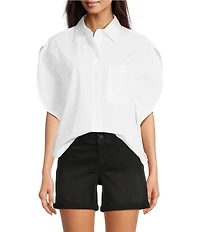 Gibson & Latimer Woven Point Collar Cap Dolman Sleeve Circle Button Front Shirt