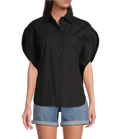 Gibson & Latimer Woven Point Collar Cap Dolman Sleeve Circle Button Front Shirt