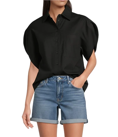 Gibson & Latimer Woven Point Collar Cap Dolman Sleeve Circle Button Front Shirt