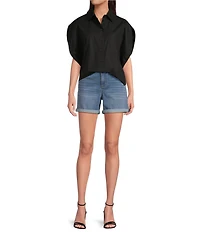 Gibson & Latimer Woven Point Collar Cap Dolman Sleeve Circle Button Front Shirt