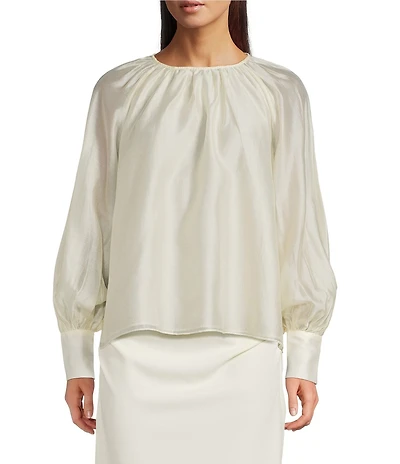 Gibson & Latimer Woven Ruched Crew Neck Long Bubble Sleeve Blouse