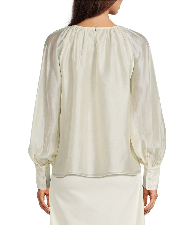 Gibson & Latimer Woven Ruched Crew Neck Long Bubble Sleeve Blouse