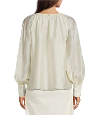 Gibson & Latimer Woven Ruched Crew Neck Long Bubble Sleeve Blouse