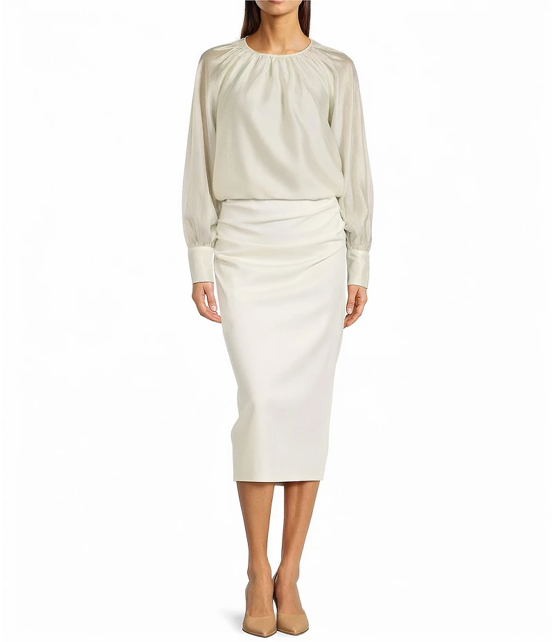 Gibson & Latimer Woven Ruched Crew Neck Long Bubble Sleeve Blouse