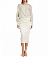 Gibson & Latimer Woven Ruched Crew Neck Long Bubble Sleeve Blouse