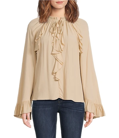Gibson & Latimer Woven Ruched Ruffle Tie Mock Neck Long Peasant Bell Sleeve Blouse
