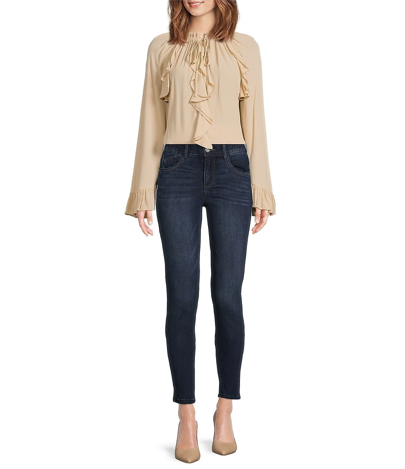 Gibson & Latimer Woven Ruched Ruffle Tie Mock Neck Long Peasant Bell Sleeve Blouse