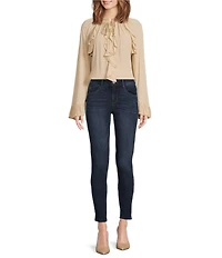 Gibson & Latimer Woven Ruched Ruffle Tie Mock Neck Long Peasant Bell Sleeve Blouse