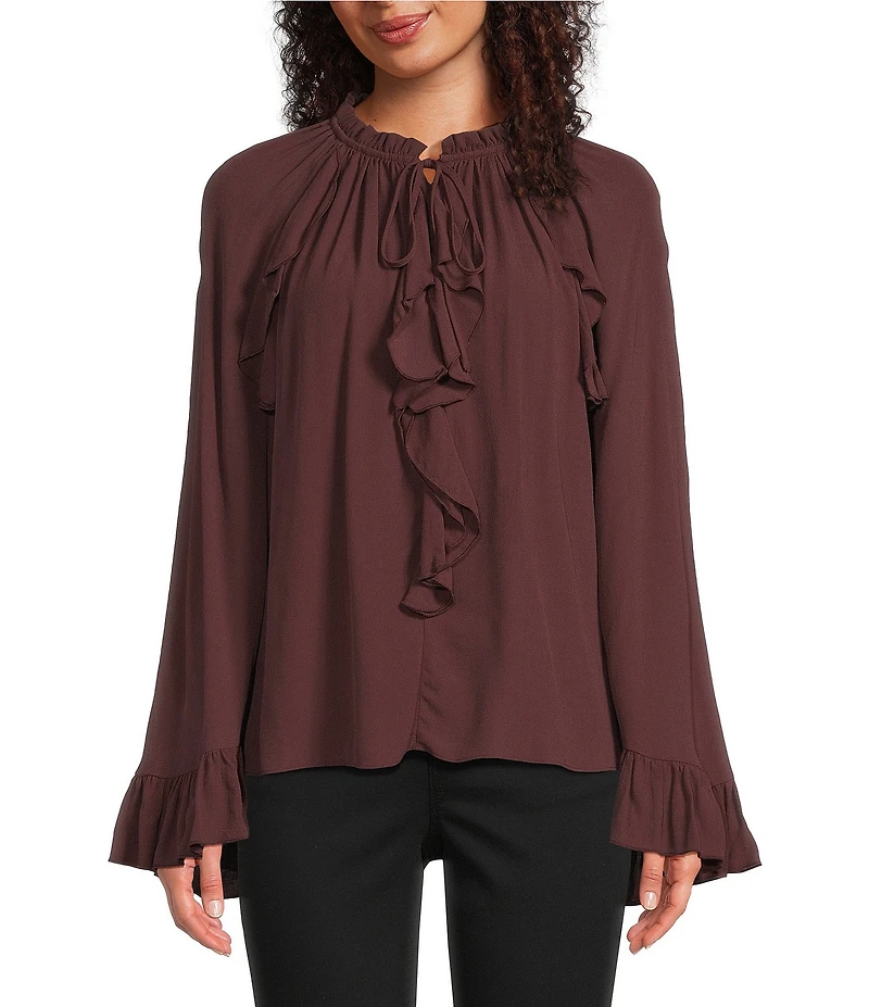 Gibson & Latimer Woven Ruched Ruffle Tie Mock Neck Long Peasant Bell Sleeve Blouse