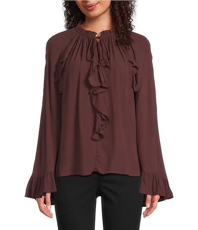 Gibson & Latimer Woven Ruched Ruffle Tie Mock Neck Long Peasant Bell Sleeve Blouse