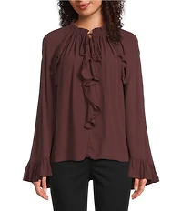 Gibson & Latimer Woven Ruched Ruffle Tie Mock Neck Long Peasant Bell Sleeve Blouse