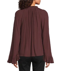 Gibson & Latimer Woven Ruched Ruffle Tie Mock Neck Long Peasant Bell Sleeve Blouse