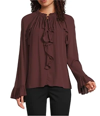 Gibson & Latimer Woven Ruched Ruffle Tie Mock Neck Long Peasant Bell Sleeve Blouse