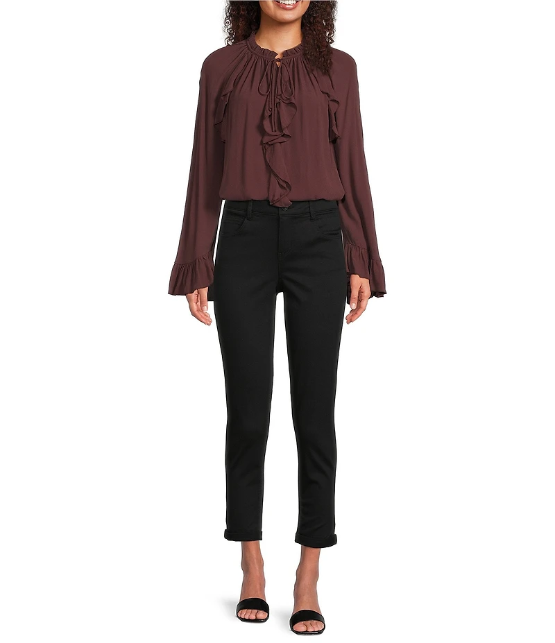 Gibson & Latimer Woven Ruched Ruffle Tie Mock Neck Long Peasant Bell Sleeve Blouse