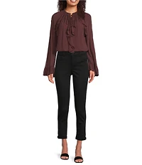 Gibson & Latimer Woven Ruched Ruffle Tie Mock Neck Long Peasant Bell Sleeve Blouse