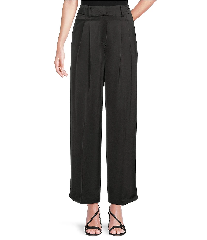 Gibson & Latimer Woven Satin High Rise Pleated Wide Leg Trousers