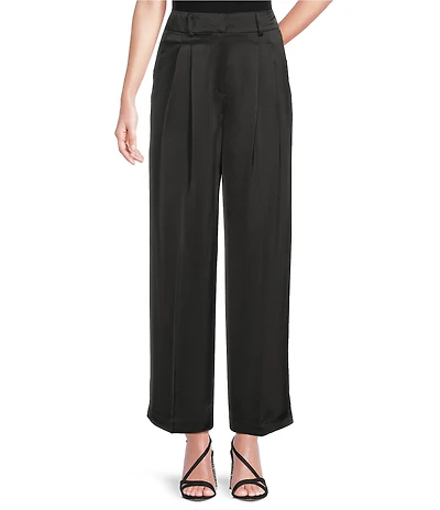 Gibson & Latimer Woven Satin High Rise Pleated Wide Leg Trousers
