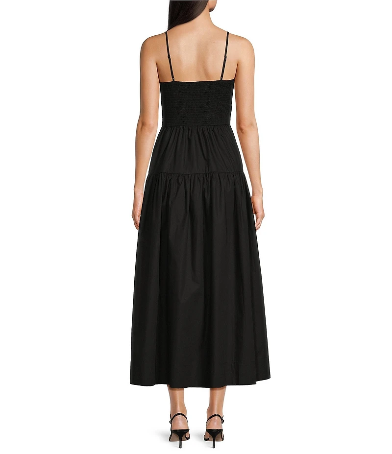 Gibson & Latimer Woven Scoop Tie Neck Spaghetti Strap Smocked Bodice Drop Waist A-Line Flounce Maxi Dress