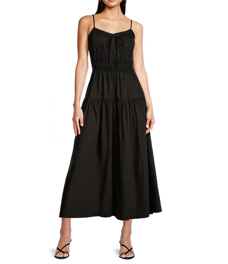 Gibson & Latimer Woven Scoop Tie Neck Spaghetti Strap Smocked Bodice Drop Waist A-Line Flounce Maxi Dress