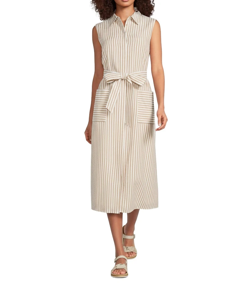 Gibson & Latimer Woven Stripe Point Collar Sleeveless Button Front Tie Waist Midi Dress