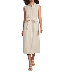 Gibson & Latimer Woven Stripe Point Collar Sleeveless Button Front Tie Waist Midi Dress