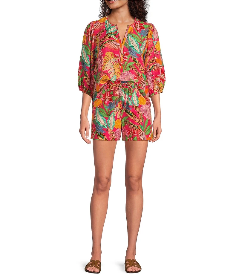 Gibson & Latimer Woven Tropical Print High Rise Elastic Drawstring Waist Coordinating Shorts