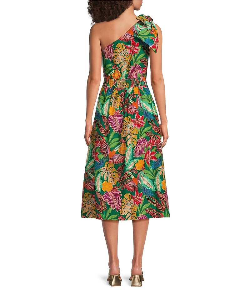 Gibson & Latimer Woven Tropical Print One Side Tie Shoulder Asymmetrical Neck Midi Sheath Dress