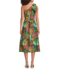 Gibson & Latimer Woven Tropical Print One Side Tie Shoulder Asymmetrical Neck Midi Sheath Dress