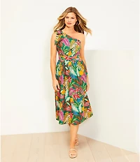 Gibson & Latimer Woven Tropical Print One Side Tie Shoulder Asymmetrical Neck Midi Sheath Dress