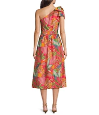 Gibson & Latimer Woven Tropical Print One Side Tie Shoulder Asymmetrical Neck Midi Sheath Dress