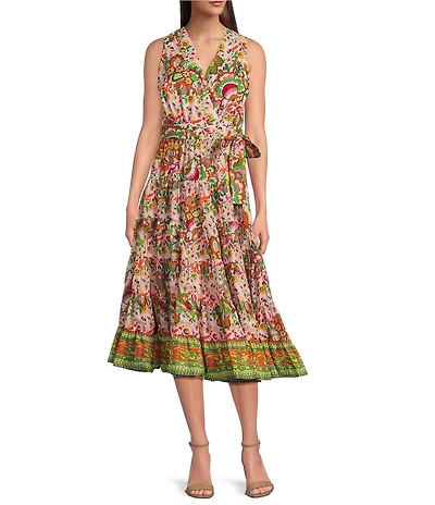 Gibson & Latimer Woven Voile Floral Print Surplice V-Neck Sleeveless Tie Waist Wrap Midi Dress