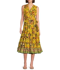 Gibson & Latimer Woven Voile Floral Print Surplice V-Neck Sleeveless Tie Waist Wrap Midi Dress