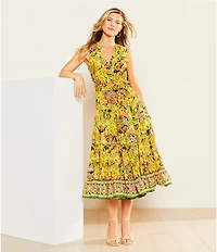 Gibson & Latimer Woven Voile Floral Print Surplice V-Neck Sleeveless Tie Waist Wrap Midi Dress