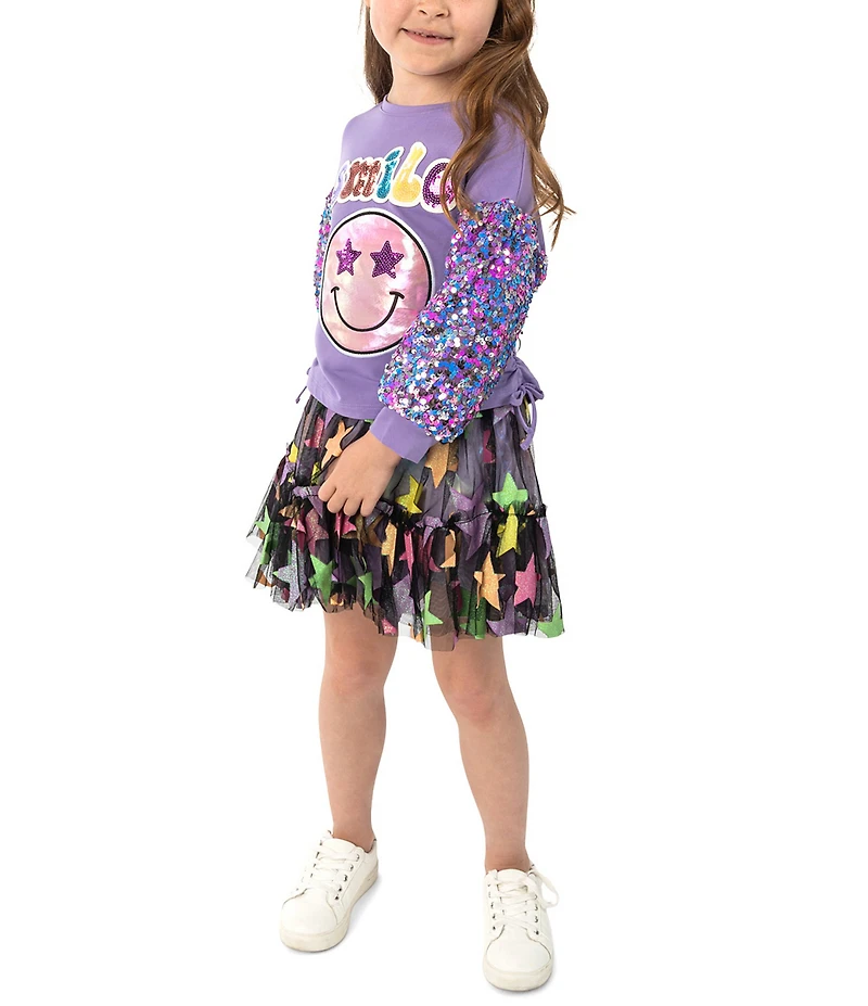 Girls Like Us Little Girls Long Sleeve Crew Neck Graphic Shirt & Gathered Tiered Star Skirt Set