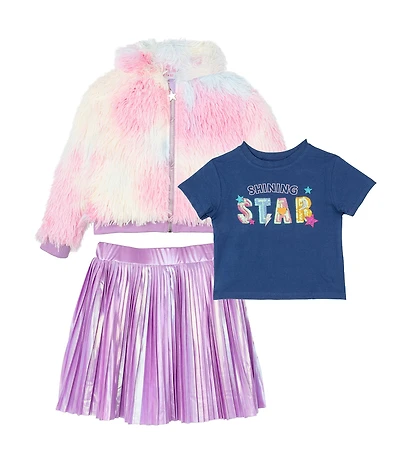 Girls Like Us Little Girls Long Sleeve Pullover T-Shirt & Color Block Fur Jacket With A Multi Color Skirt 3-Piece Set