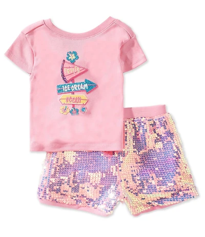 Girls Like Us Little Girls Short Sleeve Sparkle Applique Sequin Bow Top & Sequin Embellished Shorts Set