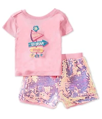 Girls Like Us Little Girls Short Sleeve Sparkle Applique Sequin Bow Top & Sequin Embellished Shorts Set