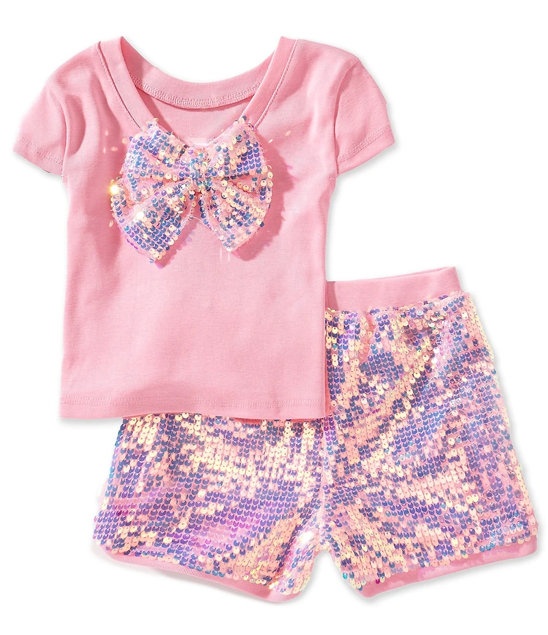 Girls Like Us Little Girls Short Sleeve Sparkle Applique Sequin Bow Top & Sequin Embellished Shorts Set