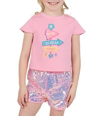 Girls Like Us Little Girls Short Sleeve Sparkle Applique Sequin Bow Top & Sequin Embellished Shorts Set