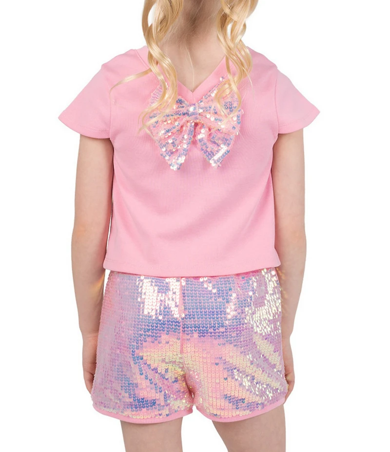 Girls Like Us Little Girls Short Sleeve Sparkle Applique Sequin Bow Top & Sequin Embellished Shorts Set