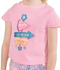 Girls Like Us Little Girls Short Sleeve Sparkle Applique Sequin Bow Top & Sequin Embellished Shorts Set