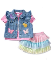 Girls Like Us Little Girls Cap Sleeve Patch Detailed Vest Short Sleeve Heart Patch T-Shirt & Rainbow Skirt Set