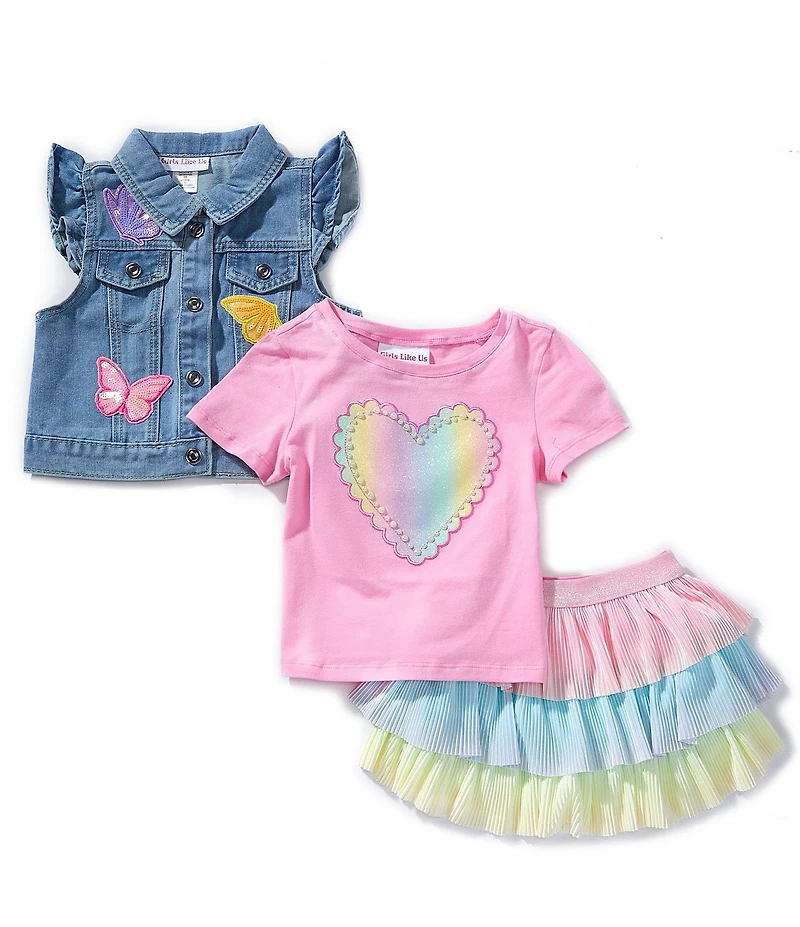 Girls Like Us Little Girls Cap Sleeve Patch Detailed Vest Short Sleeve Heart Patch T-Shirt & Rainbow Skirt Set