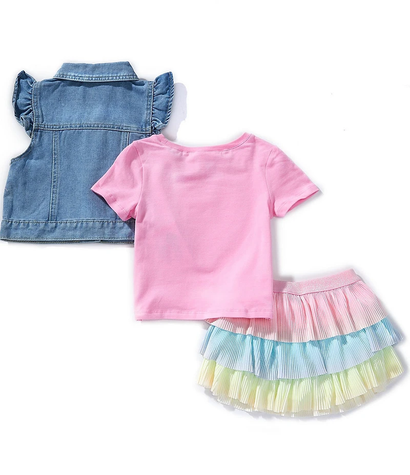 Girls Like Us Little Girls Cap Sleeve Patch Detailed Vest Short Sleeve Heart Patch T-Shirt & Rainbow Skirt Set