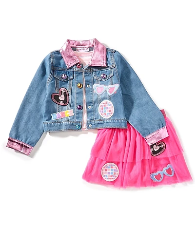 Girls Like Us Little Girls Long-Sleeve #double;Dance It Out#double; Denim Jacket, Short-Sleeve Solid Knit T-Shirt & Patch-Detailed Tutu Skirt