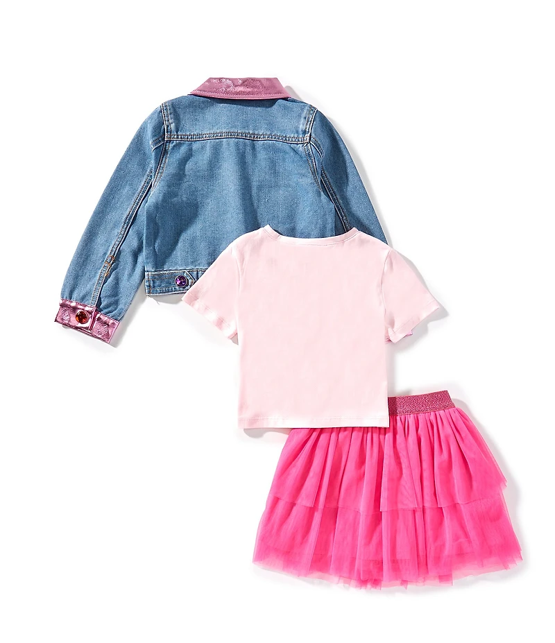 Girls Like Us Little Girls Long-Sleeve #double;Dance It Out#double; Denim Jacket, Short-Sleeve Solid Knit T-Shirt & Patch-Detailed Tutu Skirt